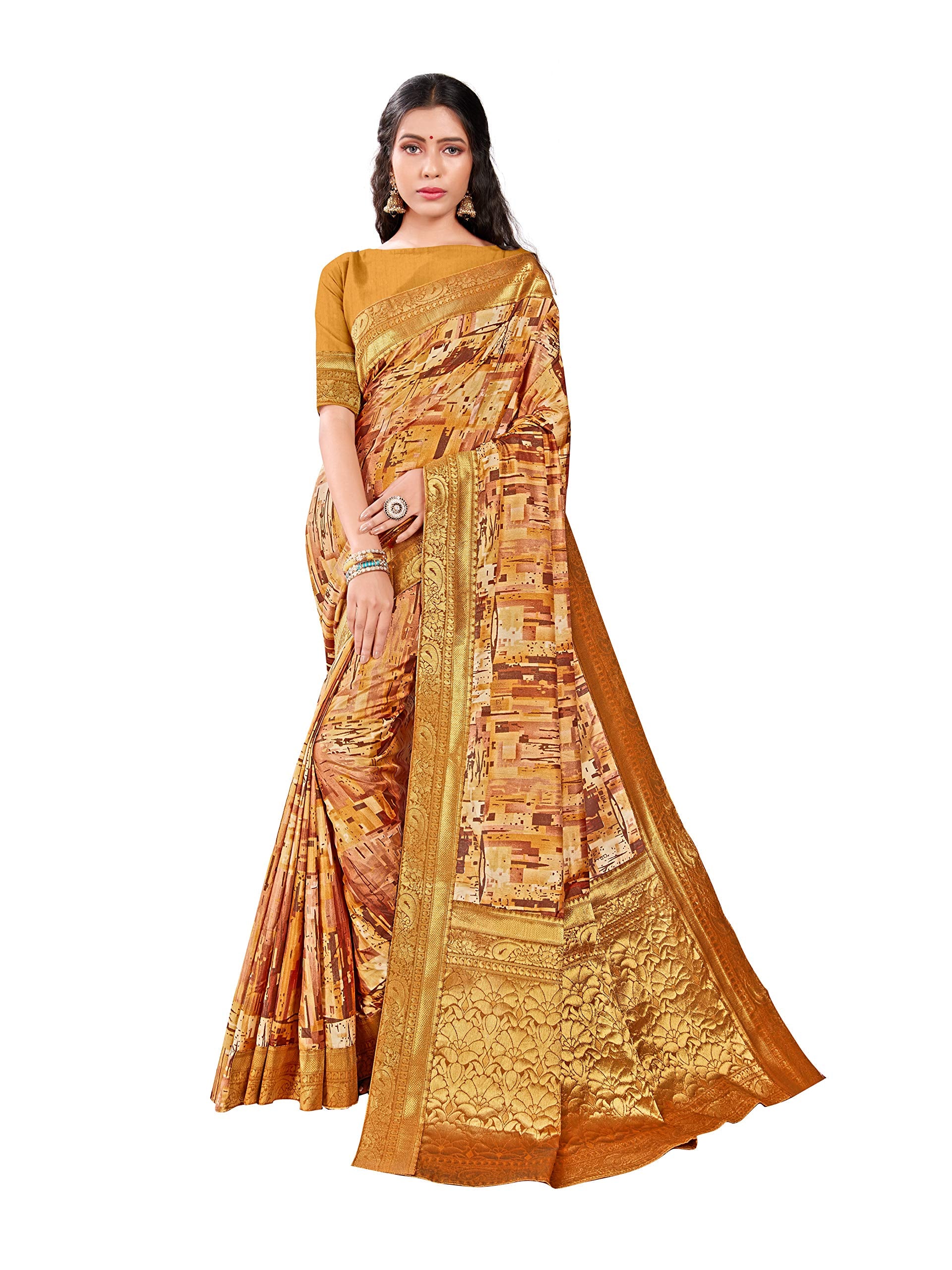 DRAVINAM Trends Printed silk saree with Jacquard Border and Blouse Piece (Beige Brown)