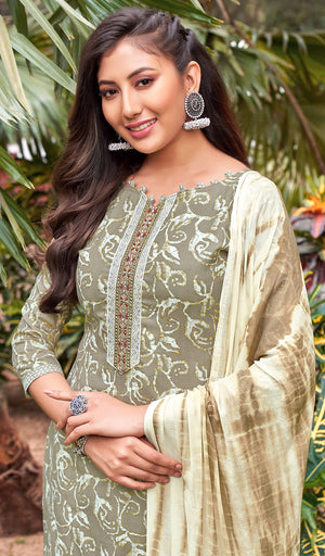 DRAVINAM Trends Women's Cotton Print Unstitched Suit Set (Grey)