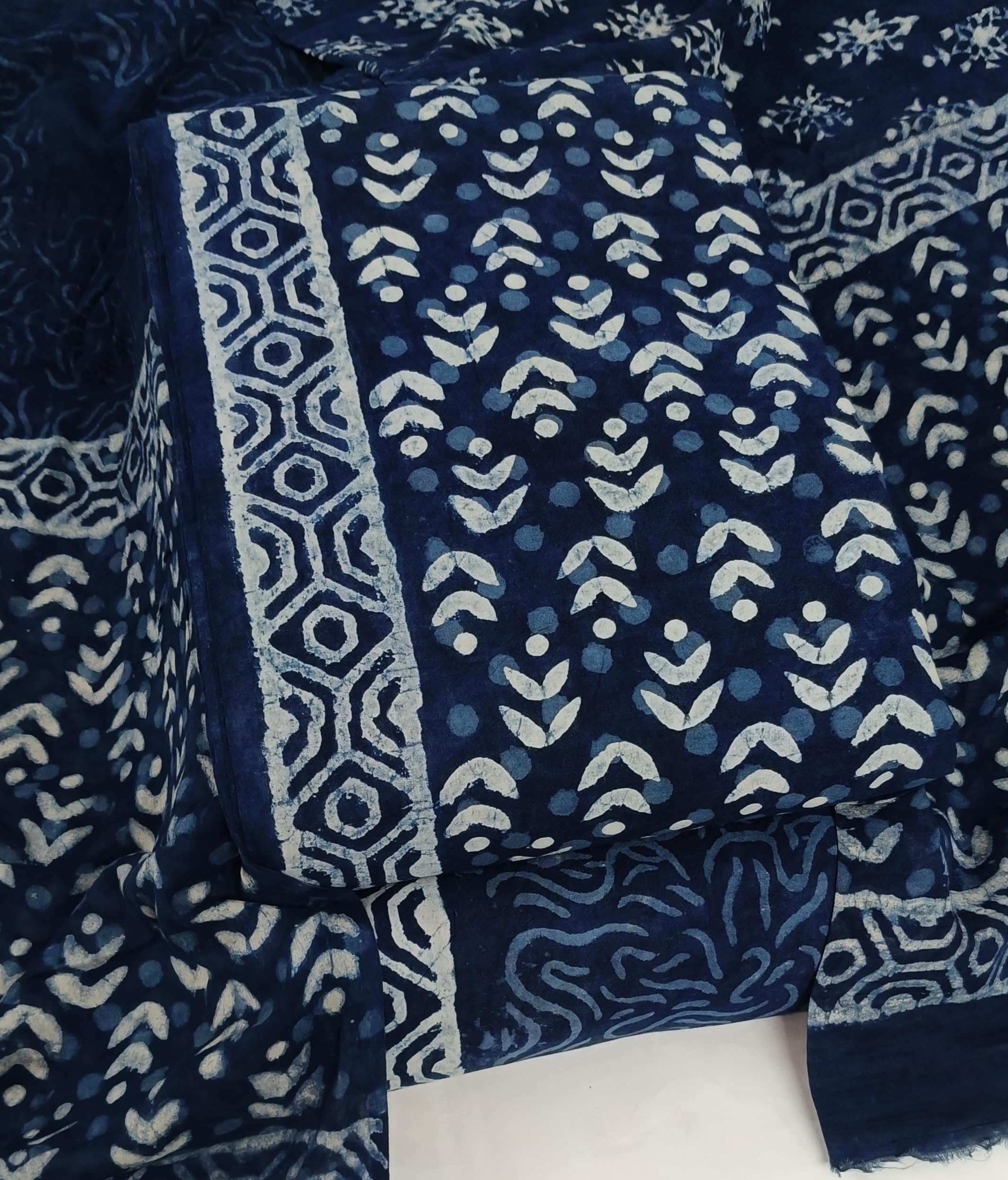 DRAVINAM Trends Hand Block Dabu Print Indigo Cambric Unstitched Cotton Suit Dress Material for Women with Mulmul Cotton Hand Printed Dupatta