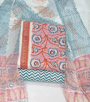 DRAVINAM Trends Hand Block Print Cambric Cotton Unstitched Salwar Suit Set for Women with Pure Chiffon Hand Printed Dupatta