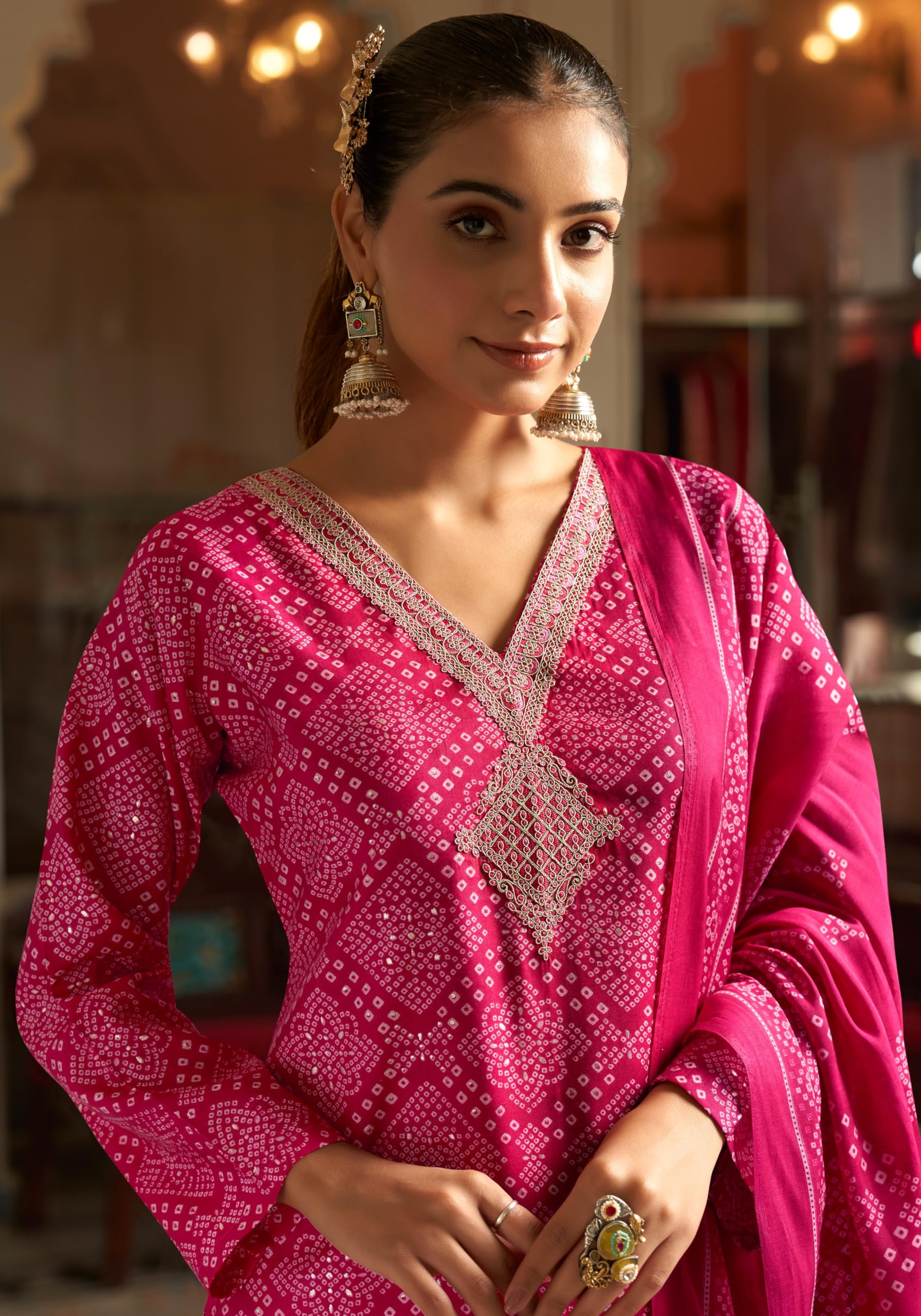 DRAVINAM Trends Women's Unstitched Silk Suit - Modal Silk Discharge Foil Print with Coding Embroidery Top || Solid Bottoms II Modal Silk Discharge Foil Print And Tussle Dupatta