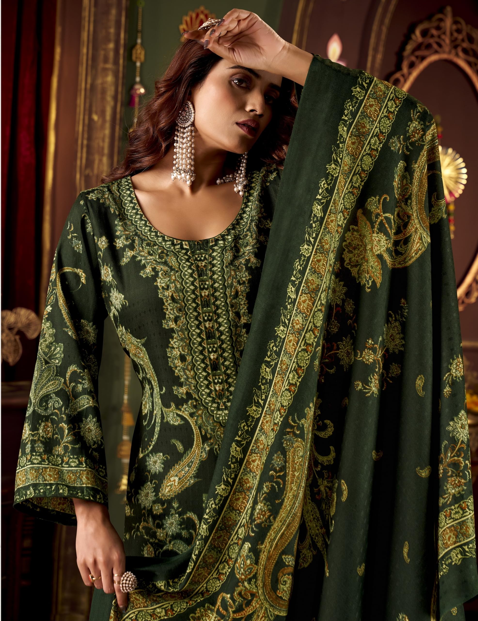 DRAVINAM Trends Women's Winter wear unstitched Printed Woollen Pashmina Salwar Suit Dress Material with Pashmina Printed Shawl Dupatta
