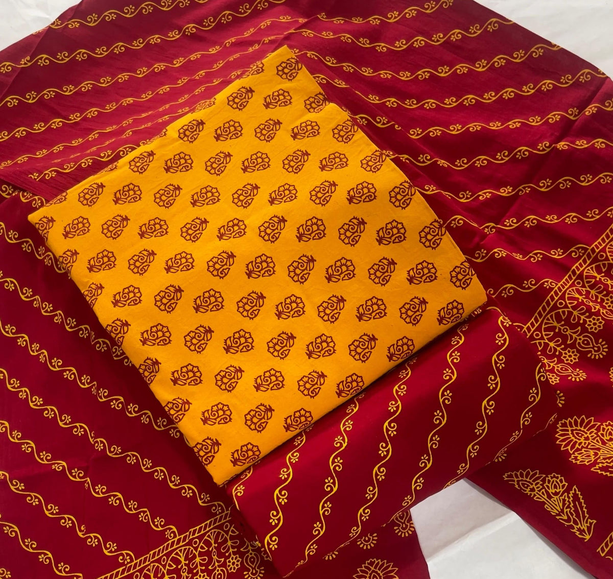 DRAVINAM Trends Women's Premium Cotton Unstitched Salwar Suit Dress Material Set | Traditional Rajasthani Gujari Block Print (Red & Mustard Yellow)