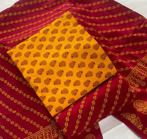 DRAVINAM Trends Women's Premium Cotton Unstitched Salwar Suit Dress Material Set | Traditional Rajasthani Gujari Block Print (Red & Mustard Yellow)