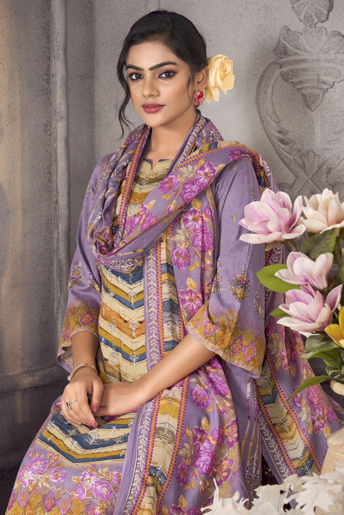 DRAVINAM Trends Women’s Ethnic Suit (Stitched, 3-Piece Set)– Heavy Viscose Rayon Designer Kurta with Heavy Handwork (2.5 m), Cotton Mal Mal Printed Dupatta (2.3 m), Bottom (3 m) (GOLDENROD, XL)