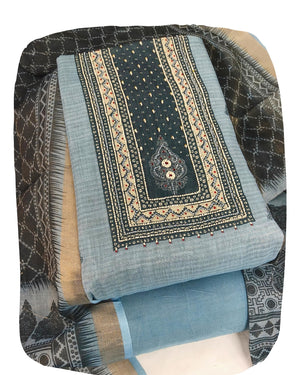 DRAVINAM Trends Women's Tissue Silk Embroidered Unstitched Suit Set with Shantoon Bottom & Dupatta