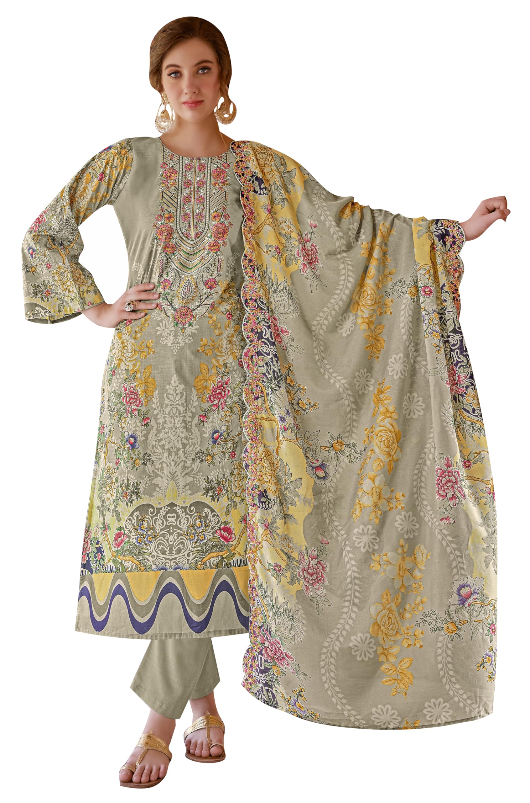 DRAVINAM Trends Women's Unstitched Pakistani Digital Print Embroidered Pure Cotton Salwar Suit Dress Materials with Cotton Embroidered Cutwork Dupatta