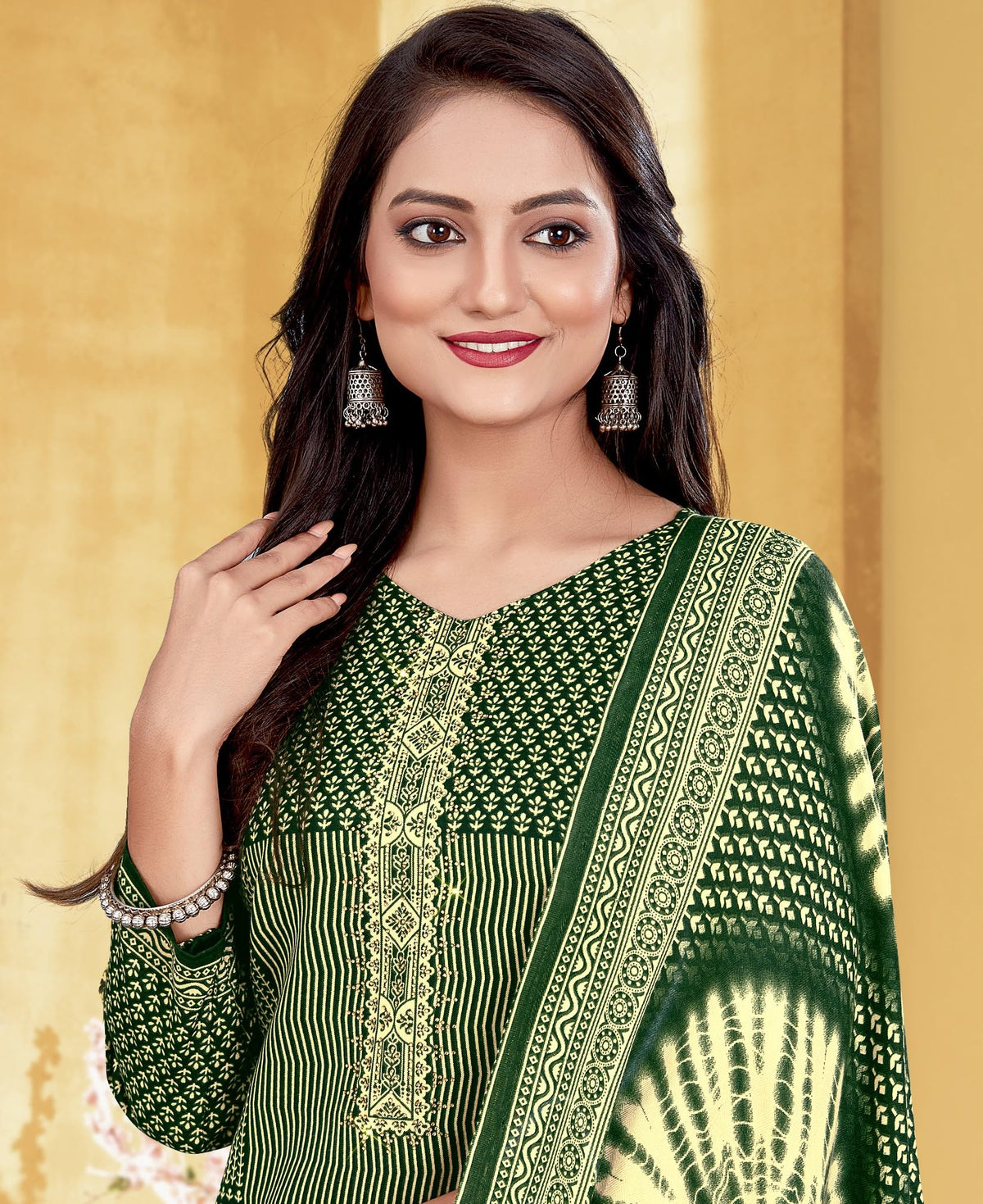 DRAVINAM Trends Women's Unstitched Kaani Print Fancy Work Spun Pashmina Winter wear Dress Material Fabric for Salwar Suit with printed spun pashmina Kashmiri shawl dupatta (Green)