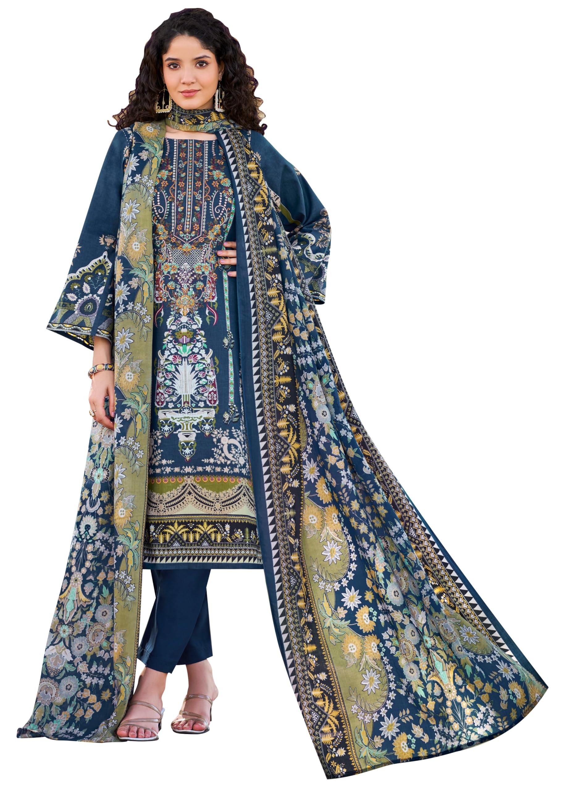 Women’s Dress Set | Pure Cotton with Print & Heavy Embroidery (2.5m), Mal Mal Dupatta (2.3m), Bottom (3m) | Available in Unstitched & Stitched Options (BLUE, XL - 42 Inch, Stitched)