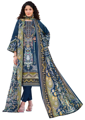 Women’s Dress Set | Pure Cotton with Print & Heavy Embroidery (2.5m), Mal Mal Dupatta (2.3m), Bottom (3m) | Available in Unstitched & Stitched Options (BLUE, XL - 42 Inch, Stitched)