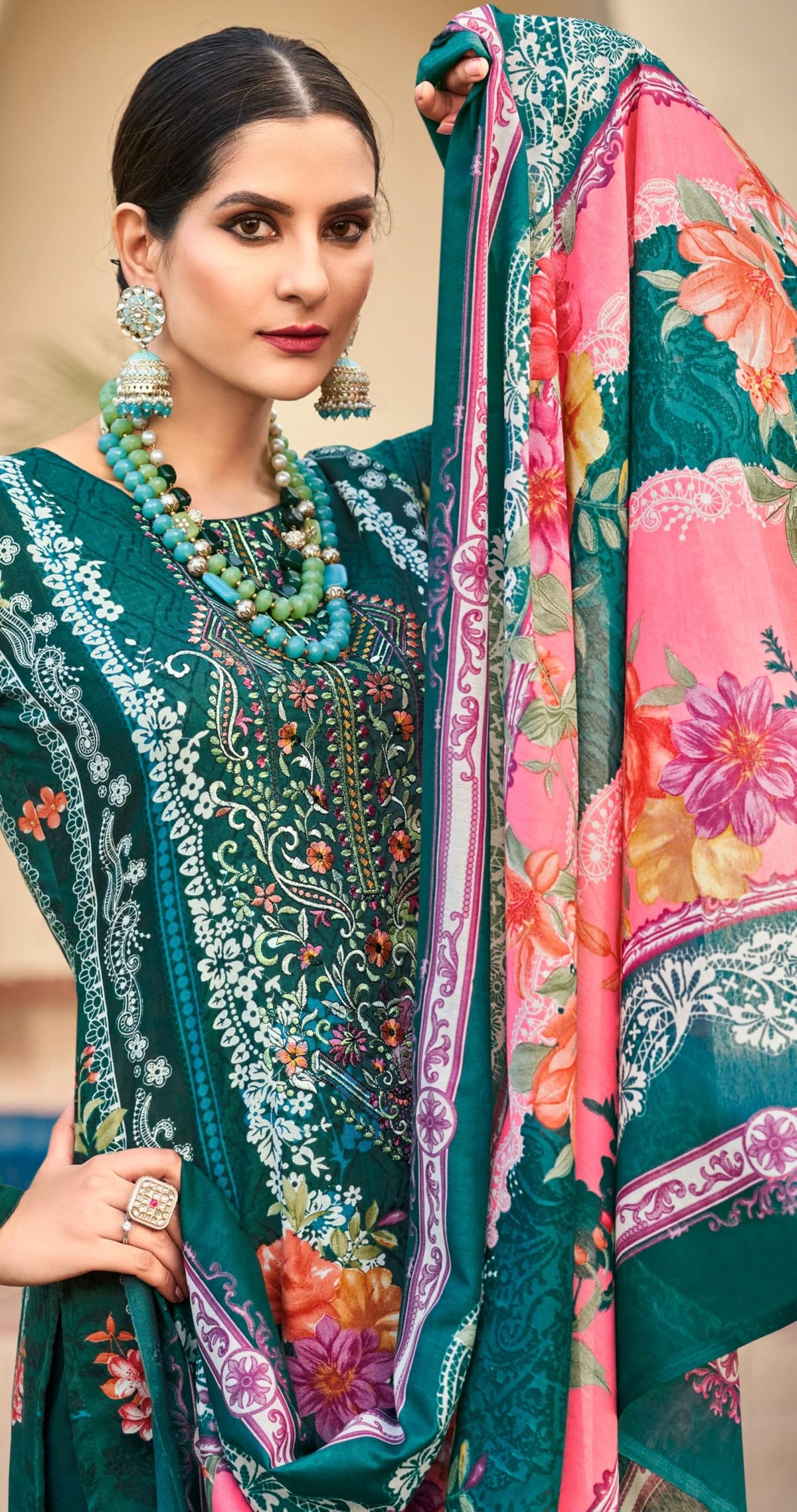 DRAVINAM Trends Lawn Cotton Pakistani Embroidered Suit Dress Material with Unstitched Bottoms and Cotton Dupatta