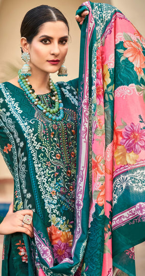 DRAVINAM Trends Lawn Cotton Pakistani Embroidered Suit Dress Material with Unstitched Bottoms and Cotton Dupatta