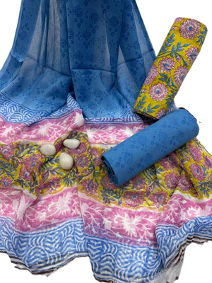 DRAVINAM Trends Hand Block Print Cambric Cotton Unstitched Salwar Suit Set for Women with Pure Chiffon Hand Printed Dupatta
