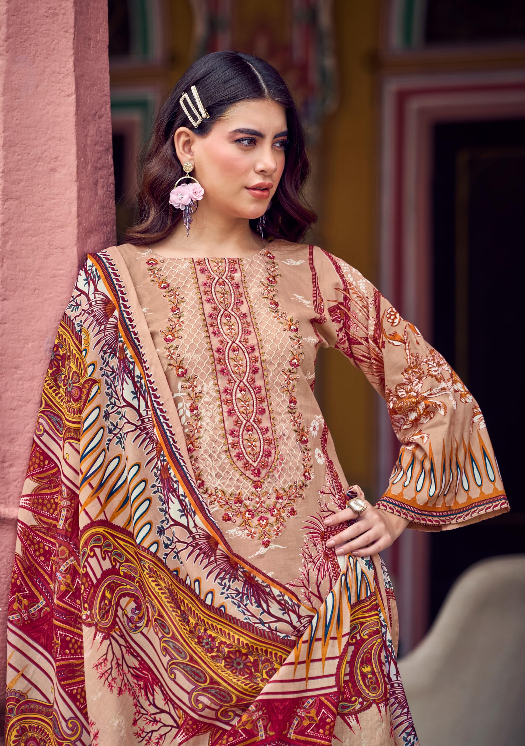 DRAVINAM Trends Women's Unstitched Salwar Suit Dress Material - Cotton Digital Printed Organza Embroidered Kameez II Unstitch Bottoms II Cotton Dupatta