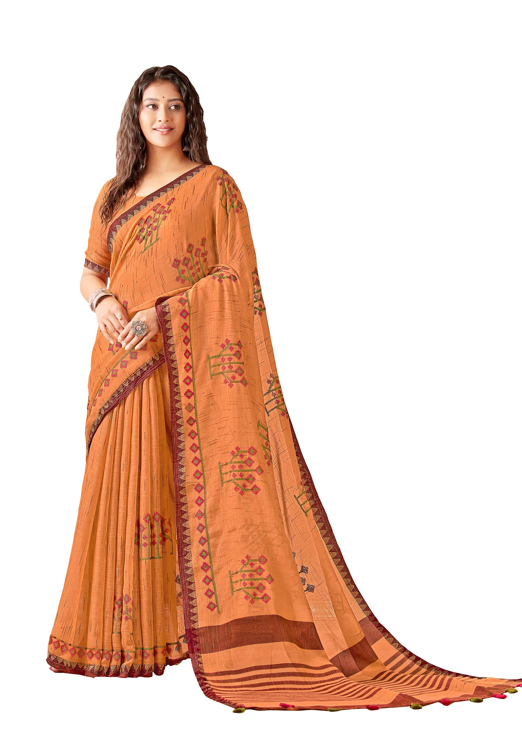 DRAVINAM Trends Women's Pure Linen Zari Border Solid thread Embroidery Saree with Blouse Piece