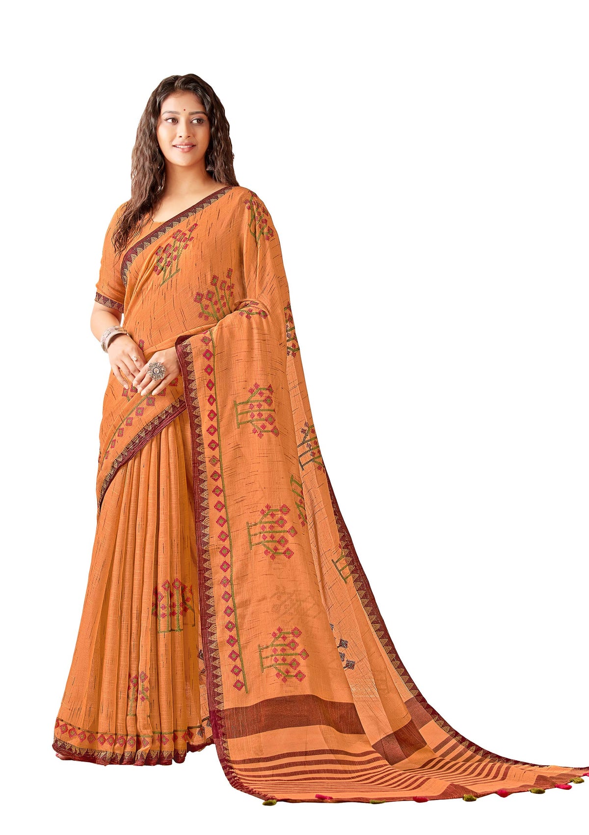 DRAVINAM Trends Women's Pure Linen Zari Border Solid thread Embroidery Saree with Blouse Piece