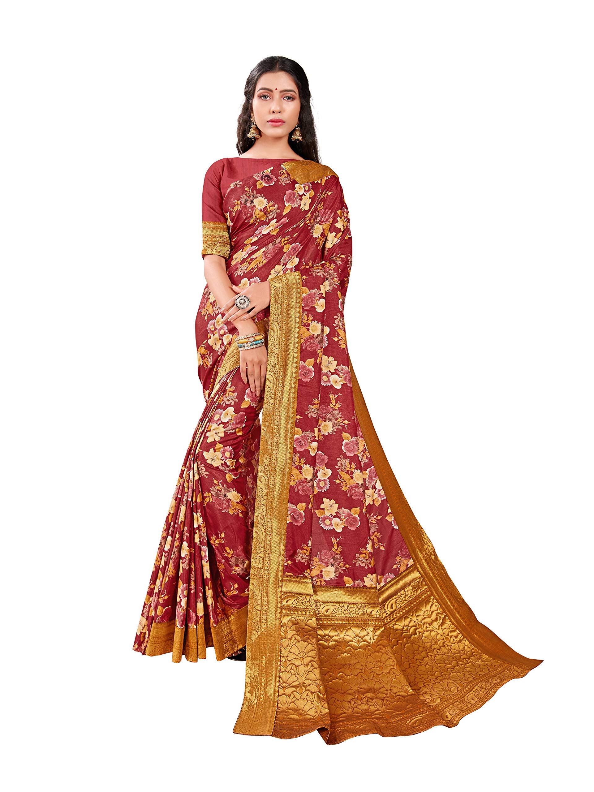 DRAVINAM Trends Printed silk saree with Jacquard Border and Blouse Piece (Maroon)