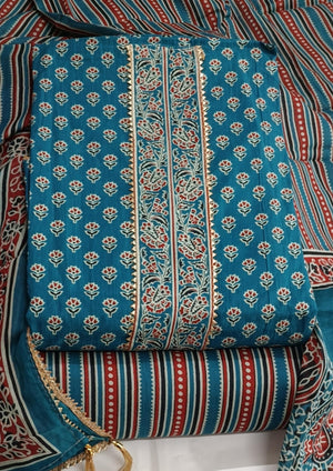 DRAVINAM Trends Women's Jaipuri Printed Embroidered and Hand Work Premium Cambric Cotton Unstitched Salwar Suit Dress Material with Mulmul Cotton Dupatta