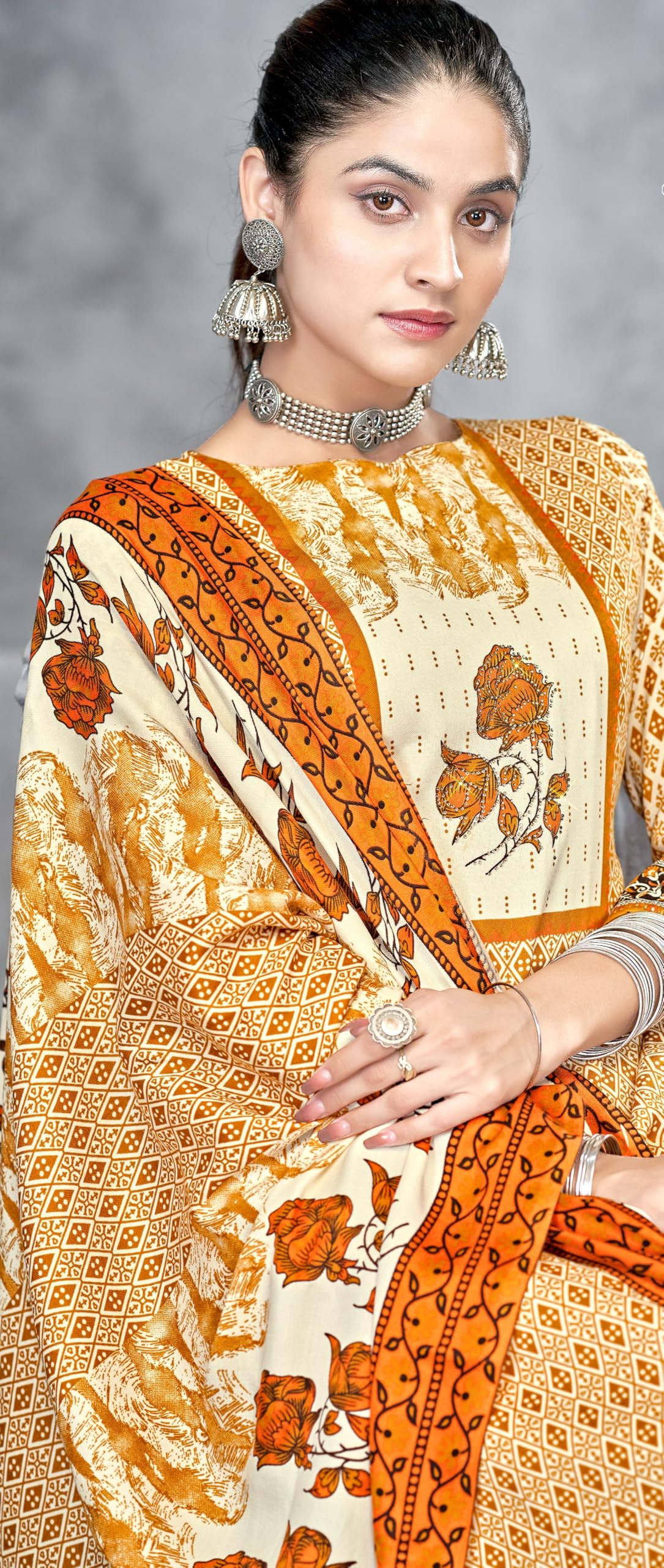 DRAVINAM Trends Pashmina Spun Digital Style Printed Unstitched Salwar Suit for Women with Siroski Work and Twill Printed Shawl Dupatta