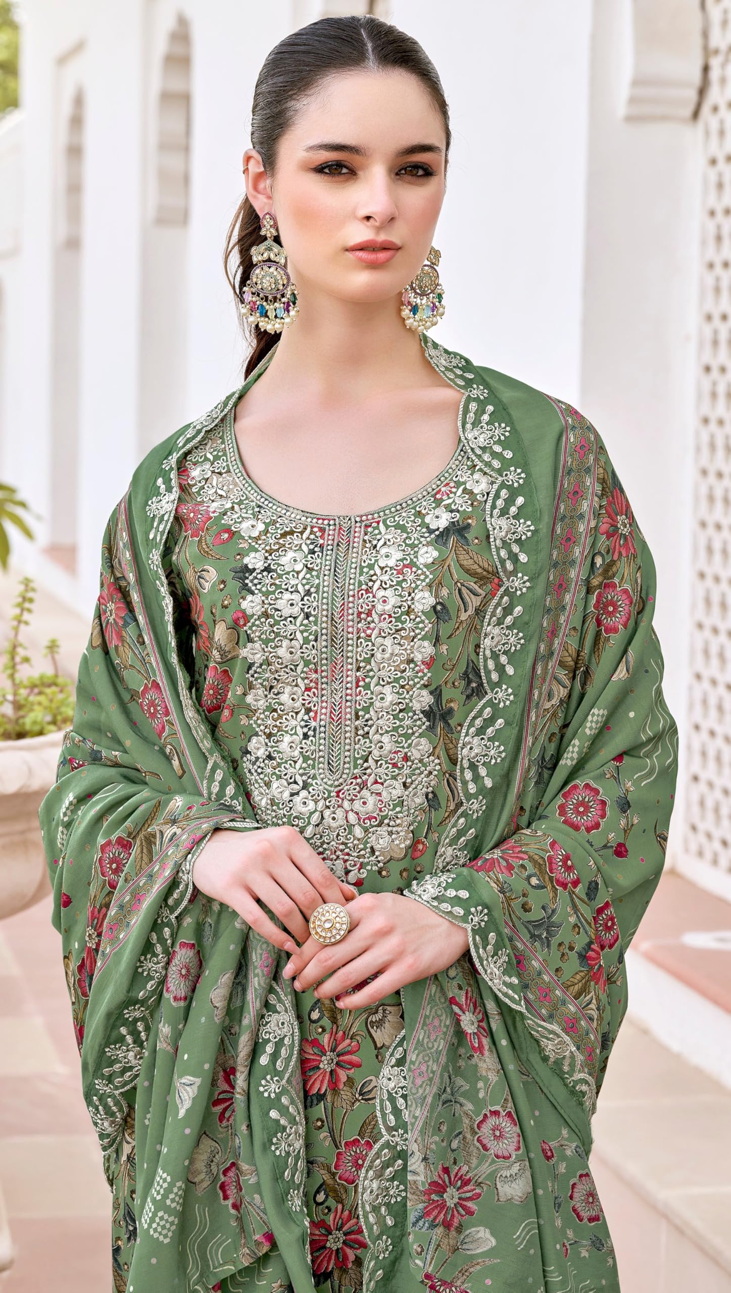DRAVINAM Trends Pure Viscose Rayon Discharge Foil Printed Fancy Embroidered Daman Lace Suit Dress Material with Unstitched Rayon Bottoms and Cotton Embroidered Dupatta