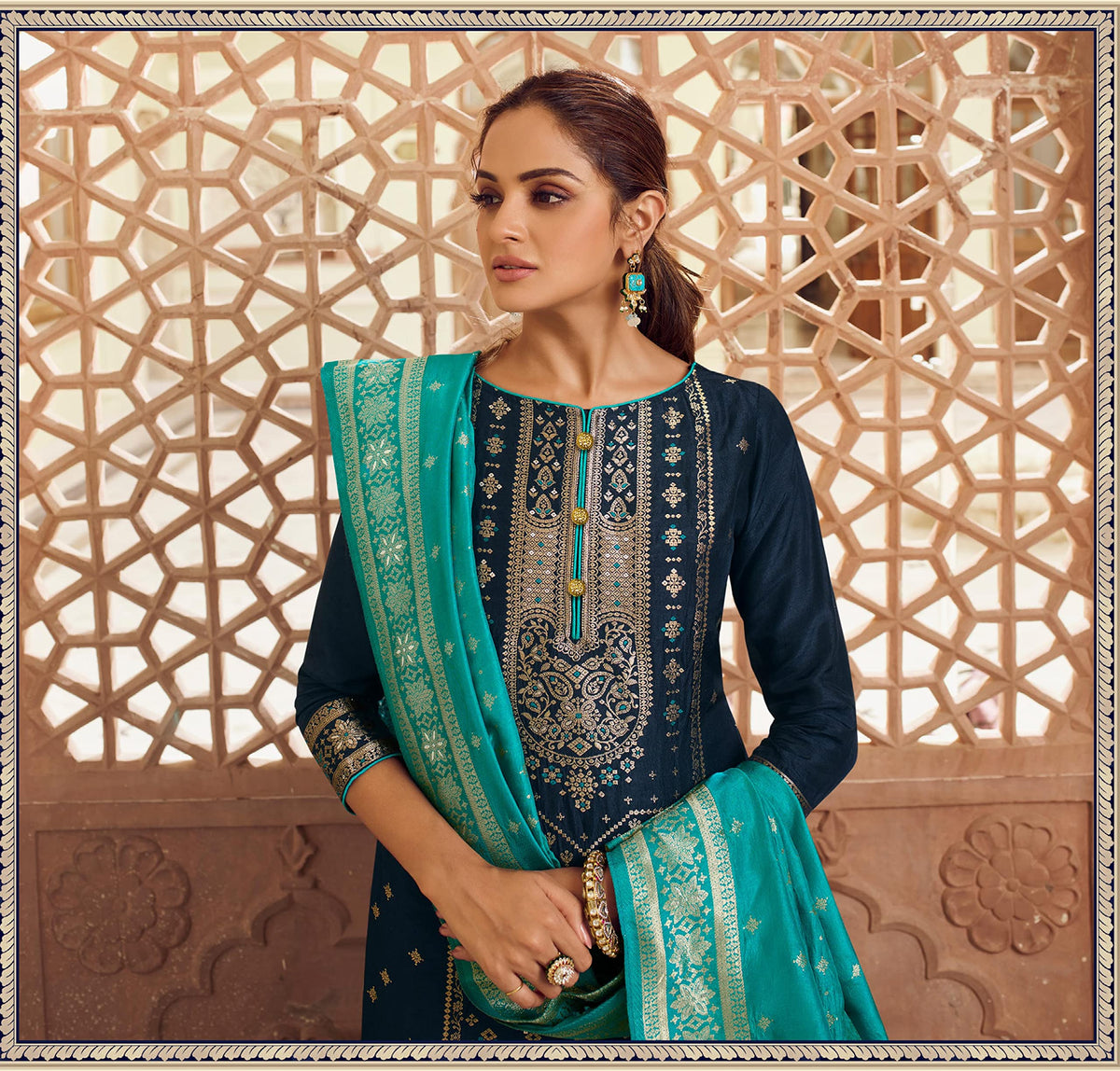 DRAVINAM Trends Unstitched Meenakari Zari Dola Banarasi Silk Salwar suit Dress Material with Dola Jacquard Double Jari Heavy Beautiful Dupatta (Peach and Dark Purple)