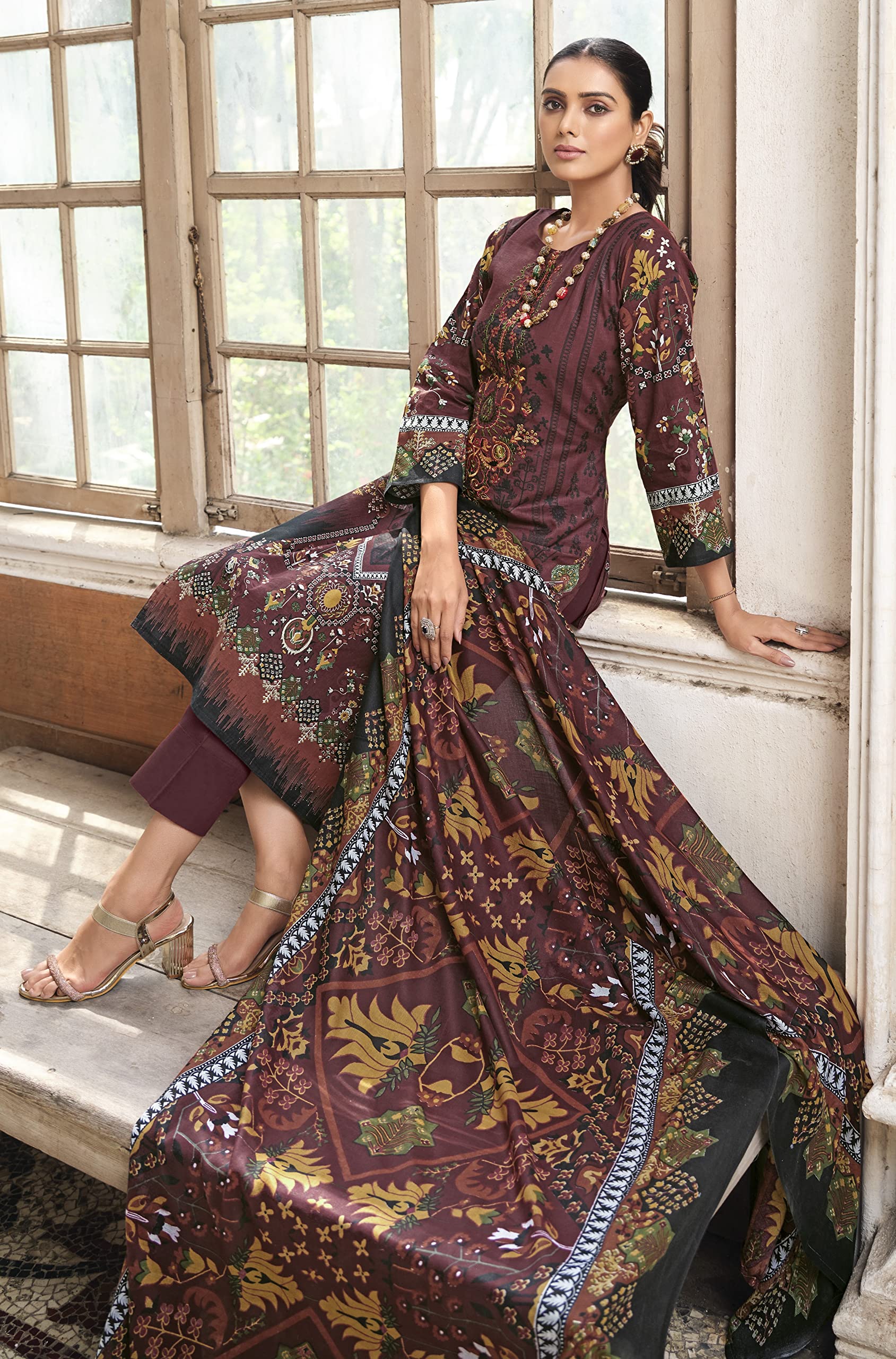 DRAVINAM Trends Women Unstitched Pakistani Print Embroidered Cotton Salwar Suit Dress Materials with Dupatta, Free Size