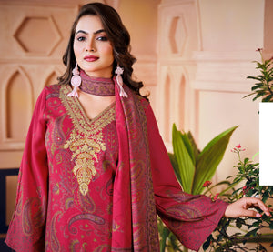 DRAVINAM Trends Women's Winter Wear Unstitched Digital Kashmiri Paisley Printed Heavy Neck Embroidered Pashmina Salwar Suit Dress Material with Khatli Work Foil touchup and Pashmina Shawl