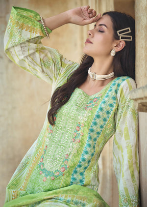 DRAVINAM Trends Women's Cotton Printed Thread Embroidery Work Unstitched Salwar Suit Dress Material With Dupatta (Grey, Unstitched Suit)