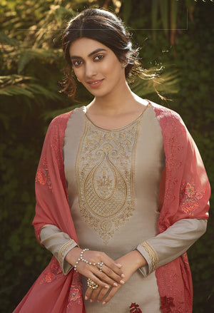 DRAVINAM Trends Women's Pure Tassar Silk Embroidered Palazzo Suit Pakistani Dress Material with Chinon Chiffon Heavy Embroidered and Cutwork Dupatta (Beige Grey and Peach)