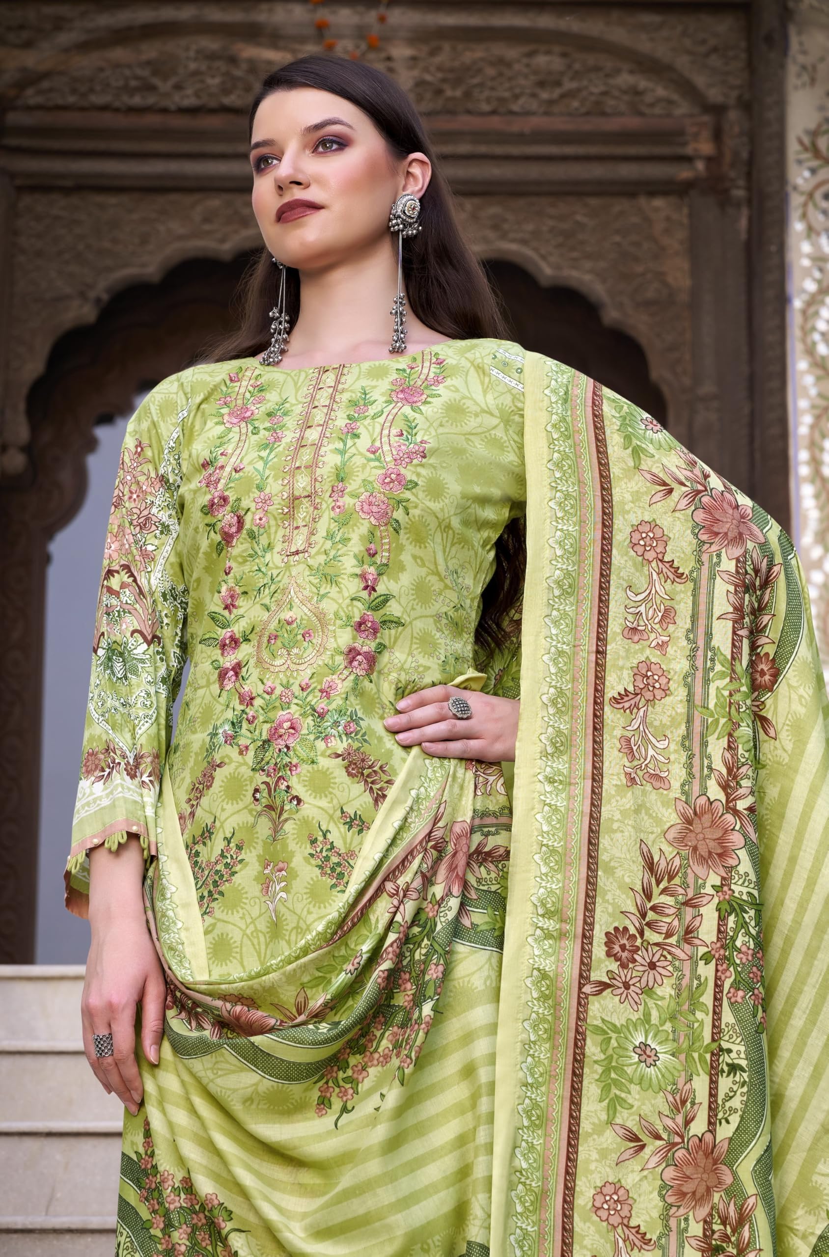 DRAVINAM Trends Women's Unstitched Cotton Suit Dress Material -Embroidered Digital Print Top II Plain Bottoms II Digital Print Dupatta