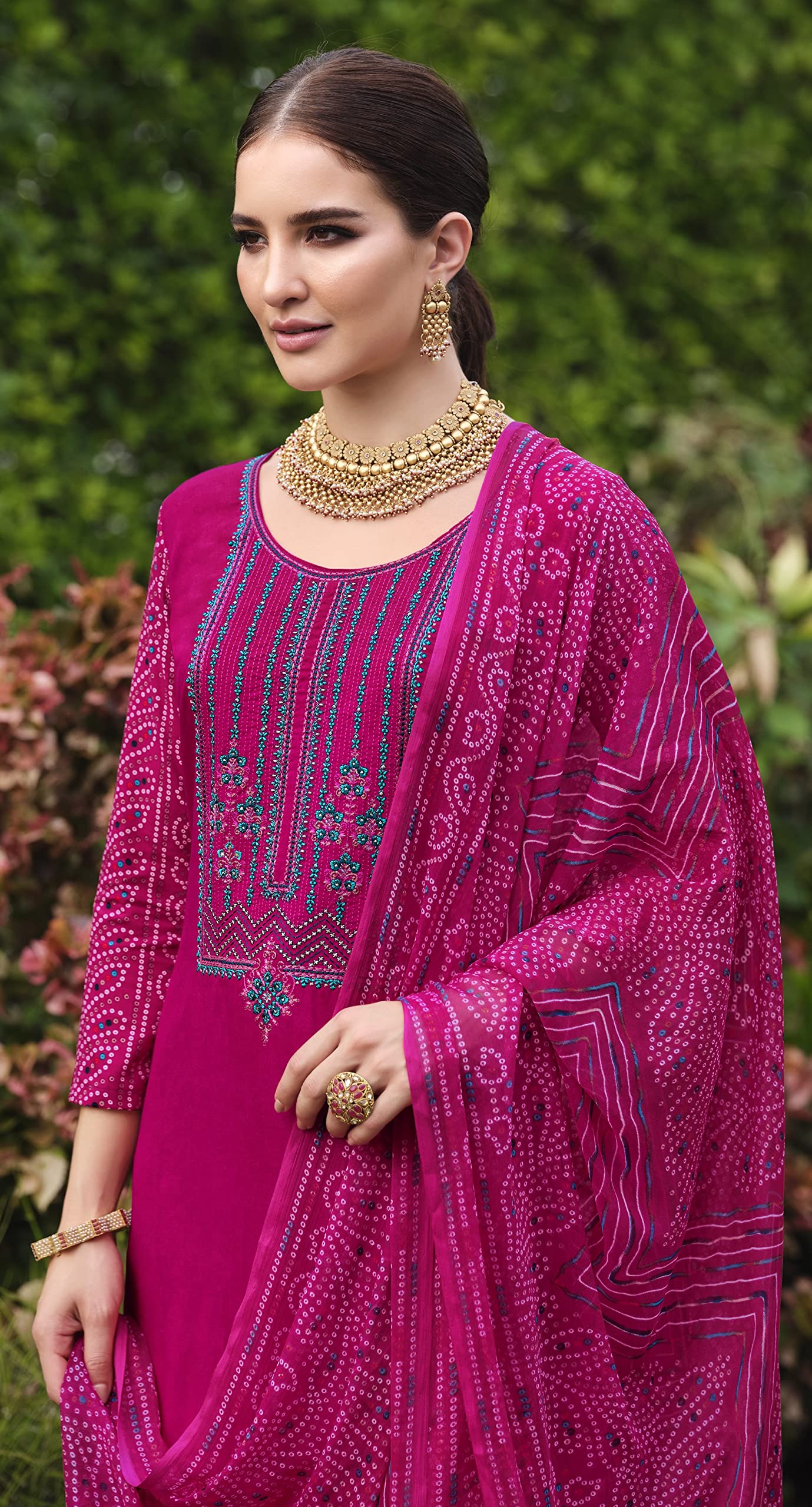 DRAVINAM Trends Unstitched Printed Embroidered Rayon Salwar Suits Set with Chiffon Dupatta (Green)