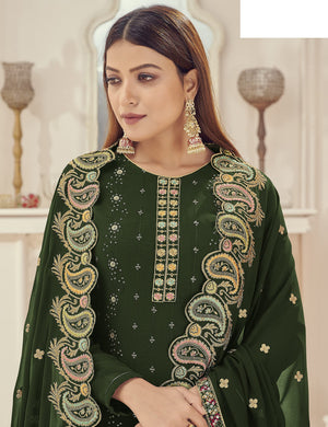 DRAVINAM Trends Women’s Faux Georgette Sequence Embroidered Unstitched Salwar Suit Dress Material with Heavy Pitta work and heavy cutwork embroidered Dupatta (Green)