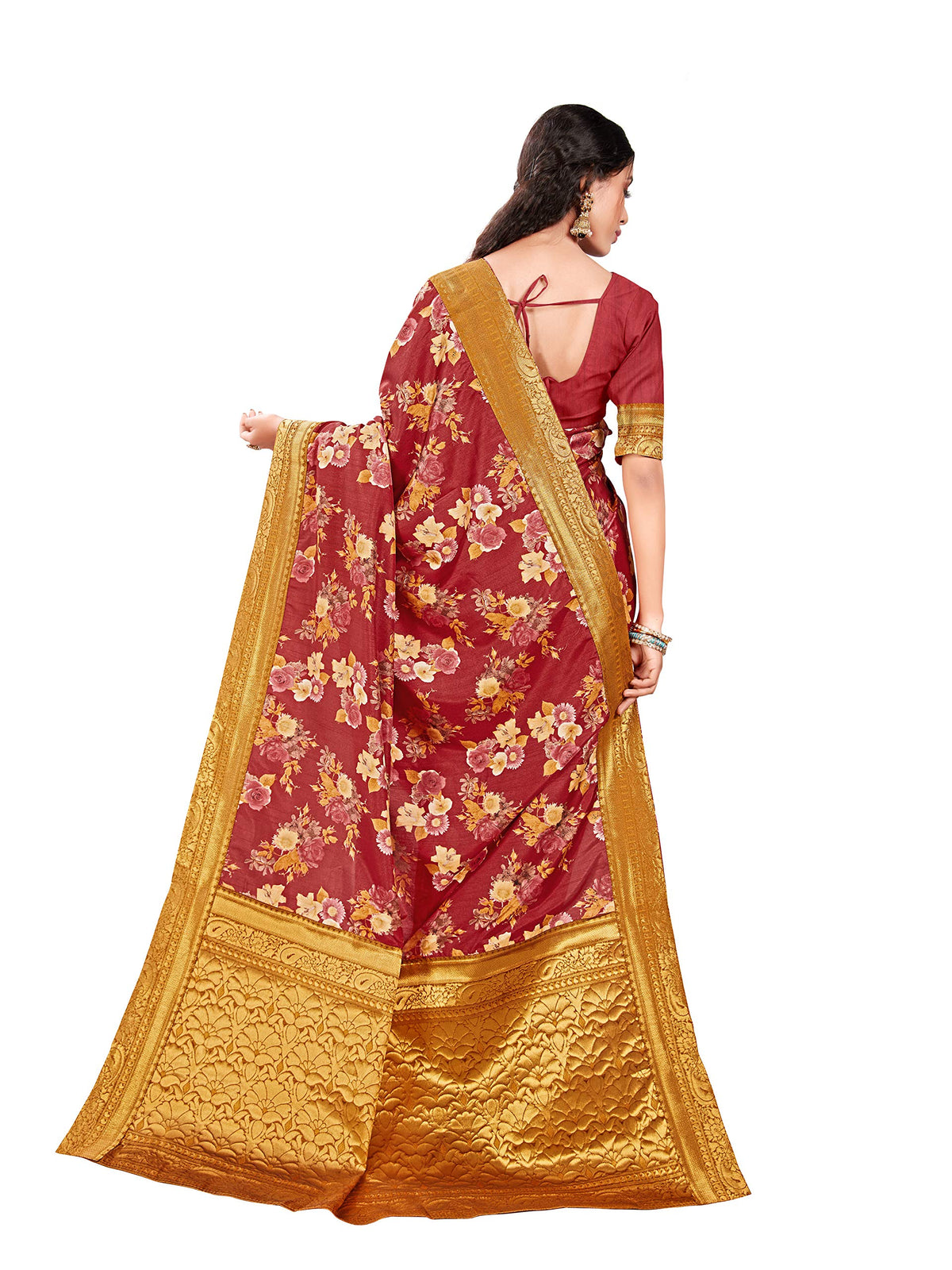 DRAVINAM Trends Printed silk saree with Jacquard Border and Blouse Piece (Maroon)