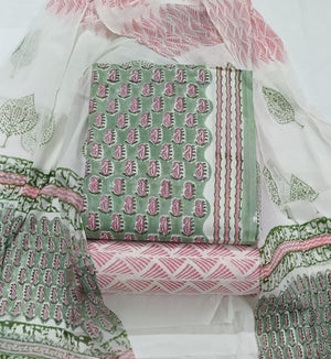 DRAVINAM Trends Hand Block Print Pure Cambric Cotton Unstitched Suit Material with Chiffon Hand Printed Dupatta