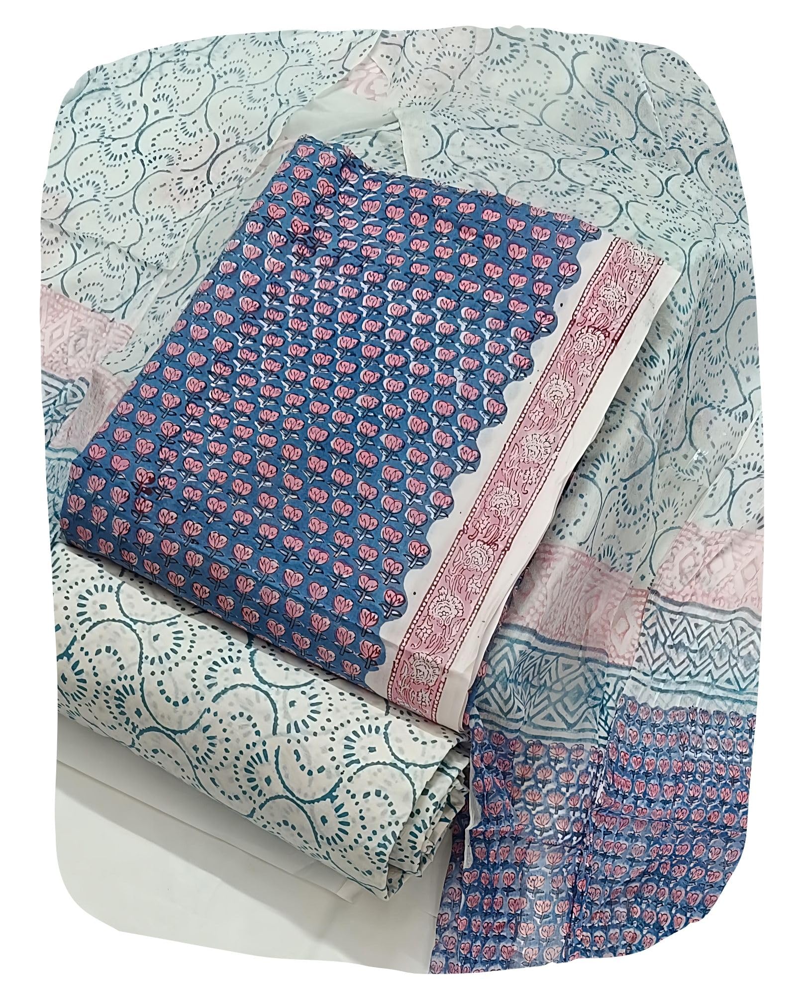 DRAVINAM Trends Hand Block Print Pure Cambric Cotton Unstitched Suit Material with Chiffon Hand Printed Dupatta