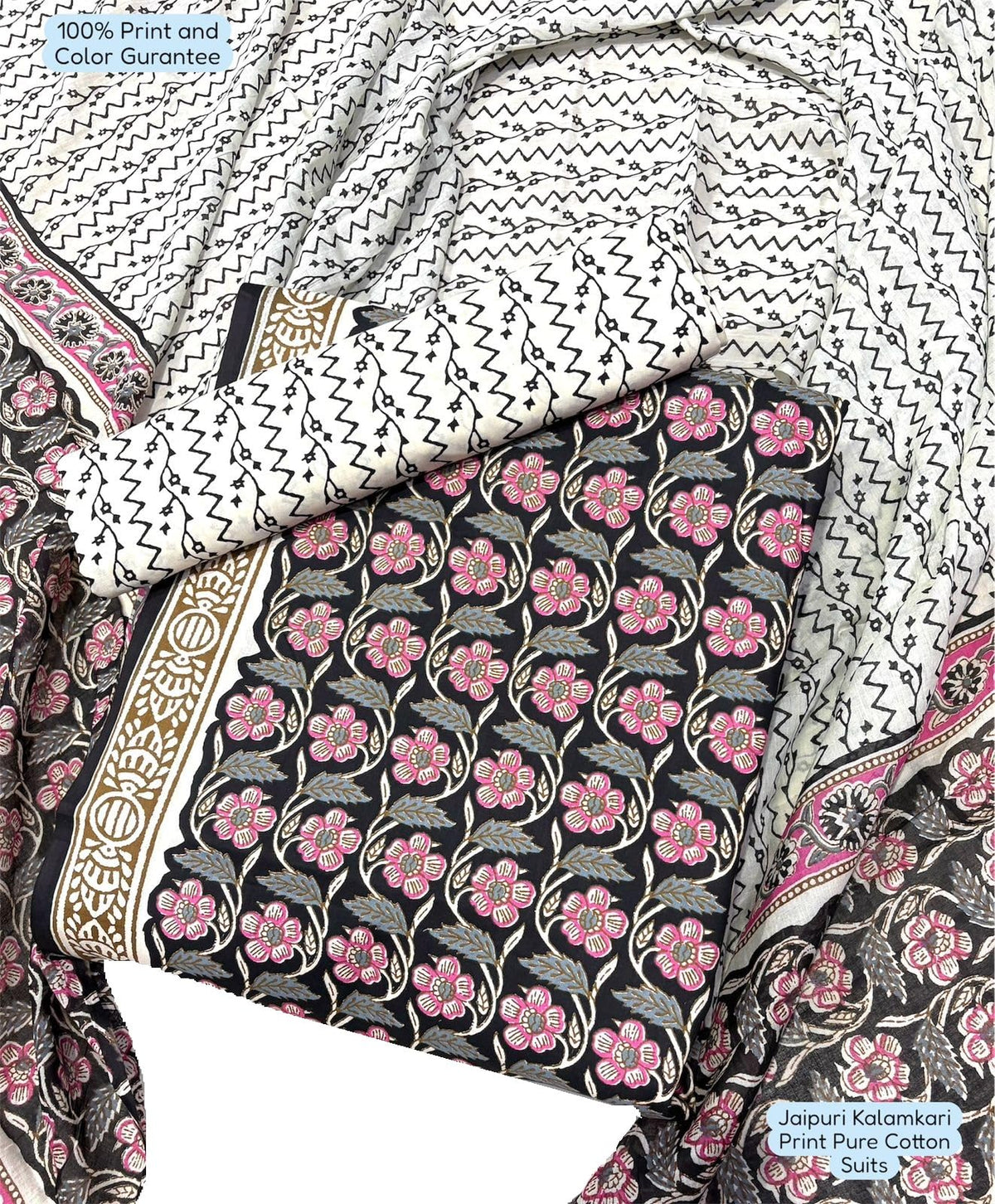 DRAVINAM Trends Unstitched Jaipuri Handmade Traditional Kalamkari Print Soft Cotton Dress Material with Cotton Dupatta