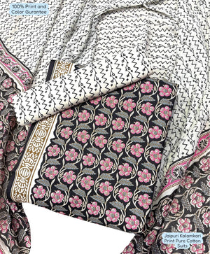 DRAVINAM Trends Unstitched Jaipuri Handmade Traditional Kalamkari Print Soft Cotton Dress Material with Cotton Dupatta