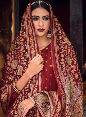 DRAVINAM Trends Women's Pure Dolla Jacquard Banarasi Silk Unstitched Heavy Pakistani Salwar Suit Dress Material with Pure Organza Digital Printed Brasso dupatta (Maroon)