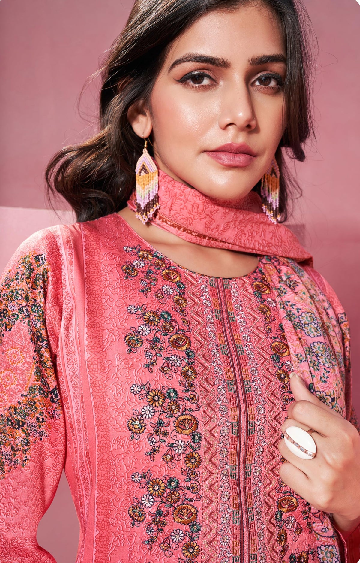 DRAVINAM Trends Women's Jam Cotton Unstitched Suit Dress Material - Pure Jam Satin Digital Print with Embroidery | Cotton Dyed Bottom | Viscose Lawn Cotton Dupatta