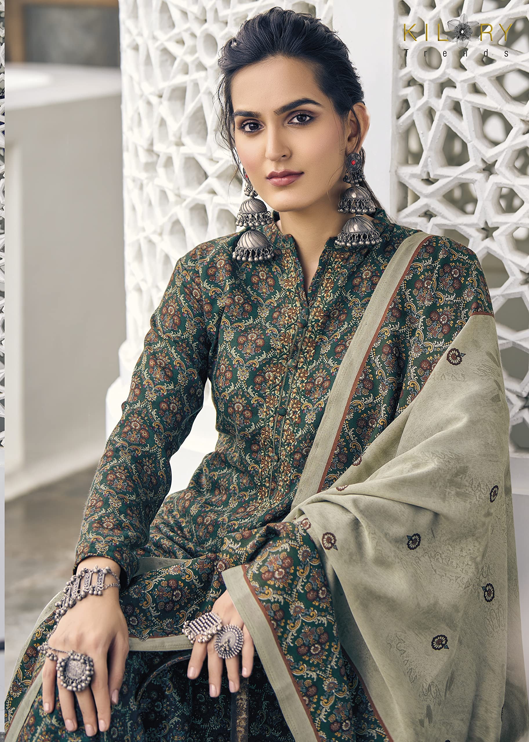 DRAVINAM Trends Women's Winter wear Embroidered Pure Wool Pashmina Digital Printed Unstitched Salwar Suit Dress Material with Pure Pashmina Warm Shawl Dupatta (Brown)