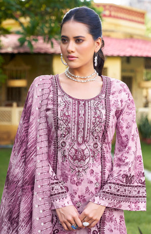 DRAVINAM Trends Unstitched Cotton Suit Dress Material Set: Pakistani Print Top Fabric with Embroidery | Customizable Solid Bottoms | Cotton Fancy Dupatta
