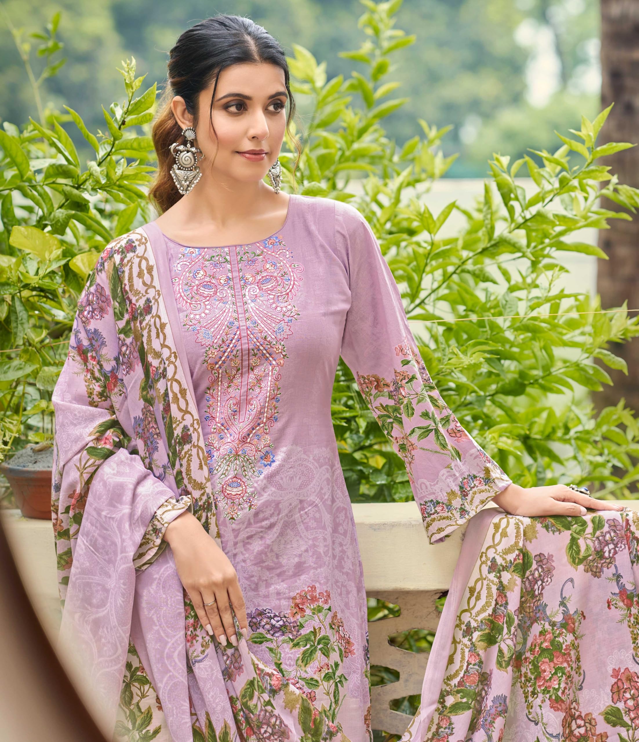 DRAVINAM Trends Unstitched Pure Lawn Cotton Pakistani Embroidered Suit Dress Material with Unstitched Bottoms and Cotton Dupatta