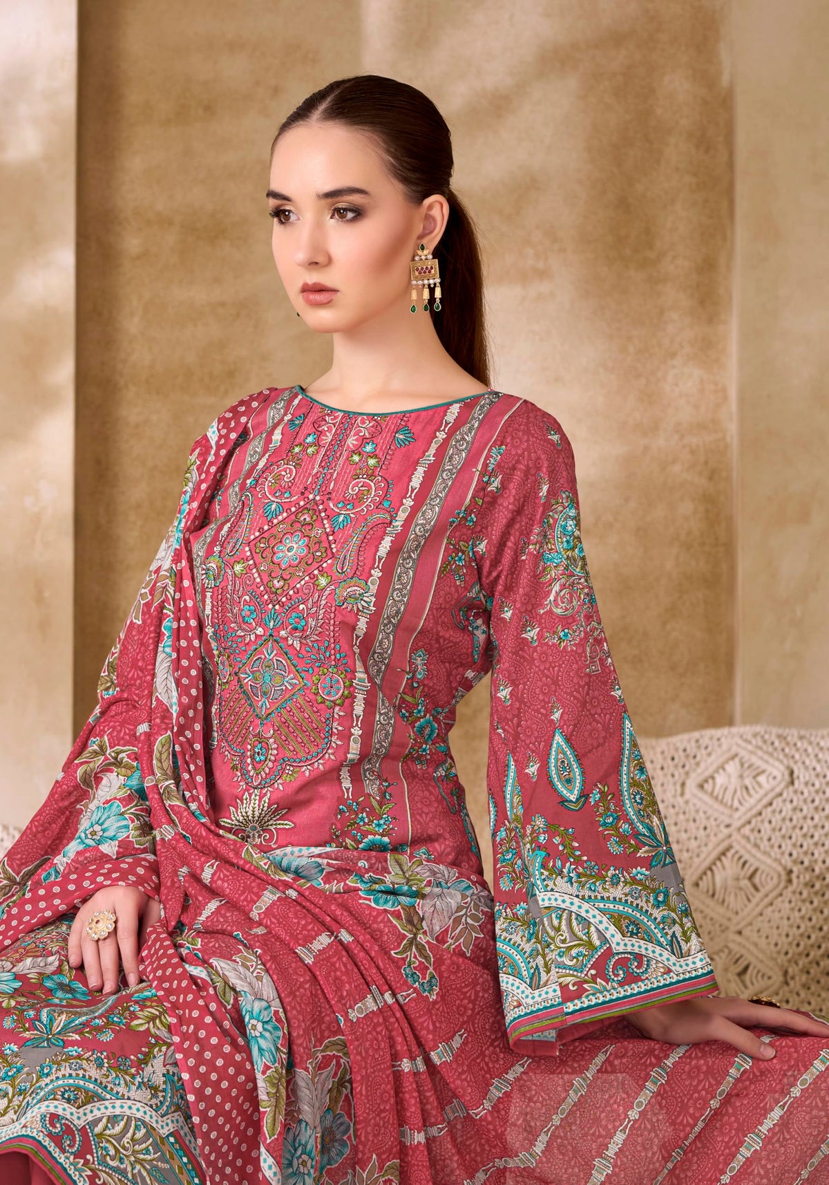 DRAVINAM Trends Unstitched Pakistani Embroidered Pure Cambric Cotton Salwar Suit Dress Materials with Cotton Dupatta