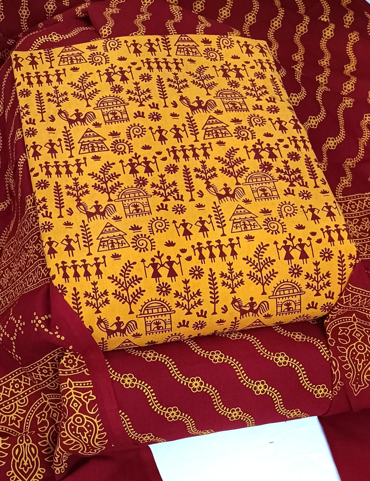 DRAVINAM Trends Women's Premium Cotton Unstitched Salwar Suit Dress Material Set | Traditional Rajasthani Gujari Block Print (Red & Mustard Yellow)