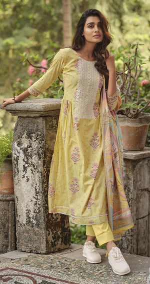 DRAVINAM Trends Unstitched Embroidered Digital printed Pure Jaam Cotton Women Salwar Suit Set Fabric with Mal Mal Cotton Dupatta