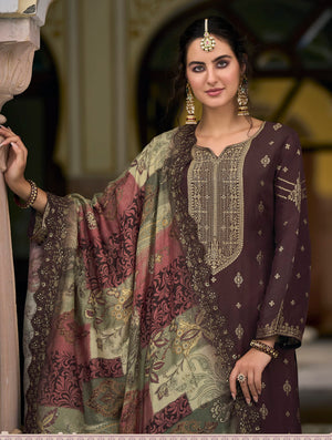 DRAVINAM Trends Women's Pure Dola Banarasi Silk Salwar Kameez Suit Dress Material with Digital Printed Embroidered Pure Viscose Heavy Silk Dupatta (