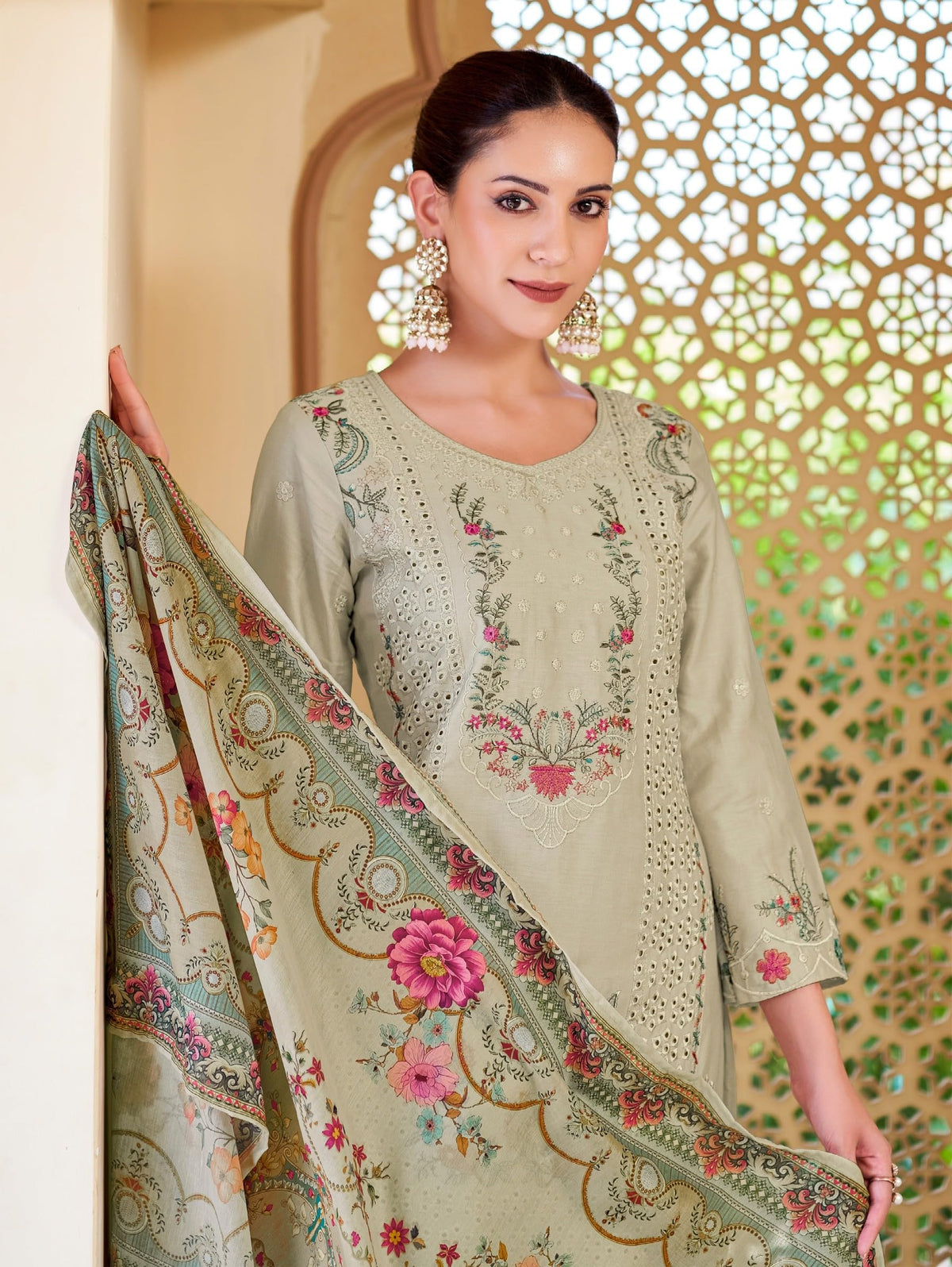 DRAVINAM Trends Kurti 2.50 mtrs,Pure Cotton Solid (2.7 m), Pure Cotton Mal Mal Print Dupatta (2.25 m)|Green