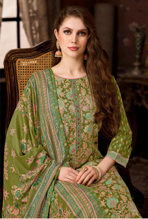 DRAVINAM Trends Women's Winter Wear Unstitched Discharge Print Hand Work Neck Embroidered Woollen Viscose Pashmina Salwar Suit Dress Material with Pashmina Printed Shawl Dupatta