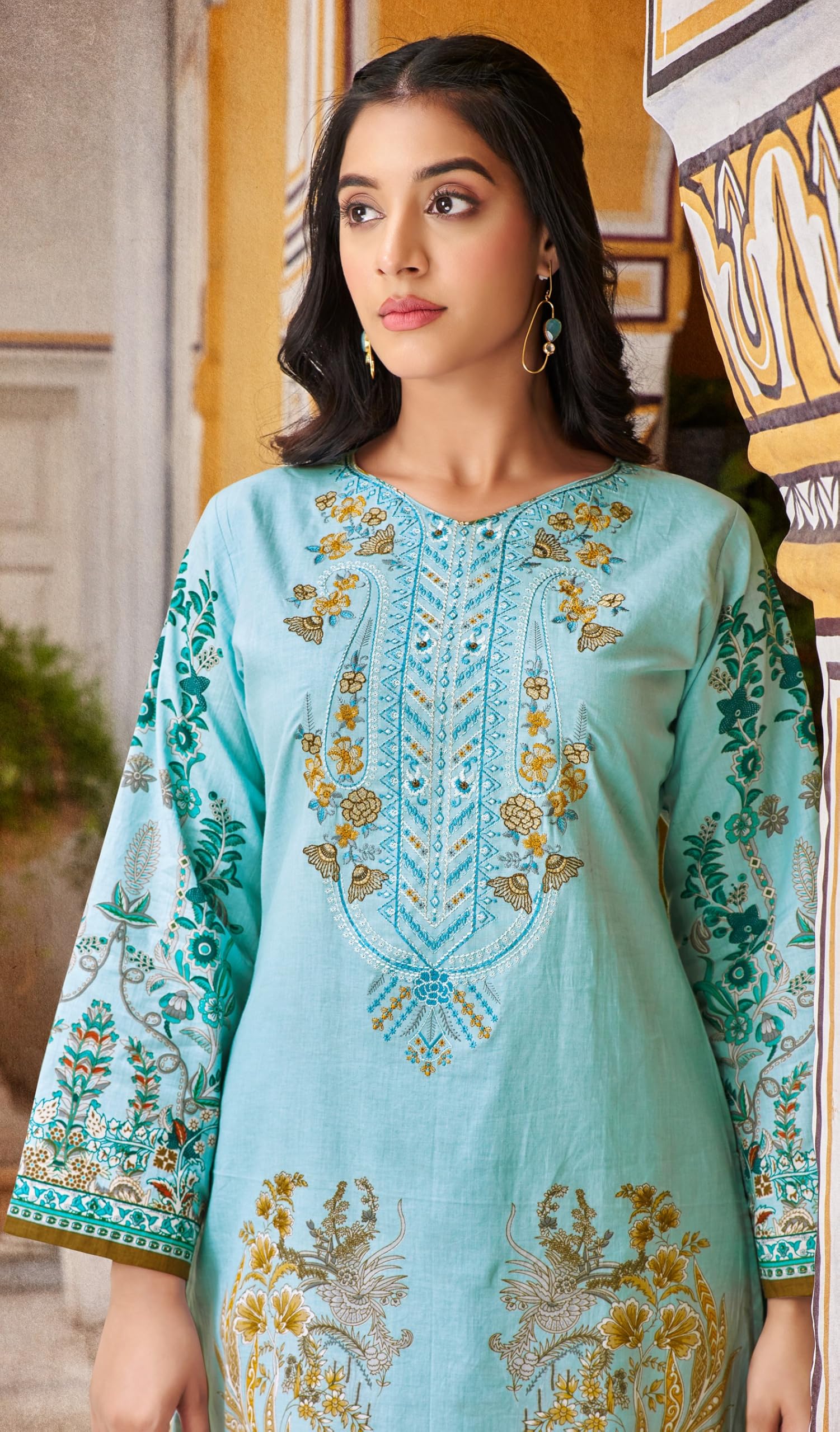 DRAVINAM Trends Lawn Cotton Pakistani Embroidered Suit Dress Material with Unstitched Bottoms and Cotton Dupatta
