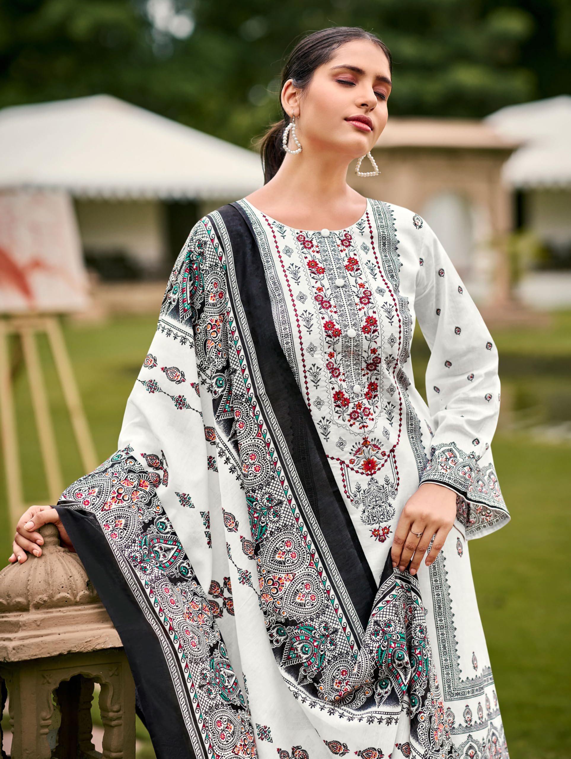DRAVINAM Trends Women's Pakistani Print Embroidered Unstitcehd Pure Cambric Cotton Salwar Suit Dress Materials with Pure Cotton Printed Dupatta